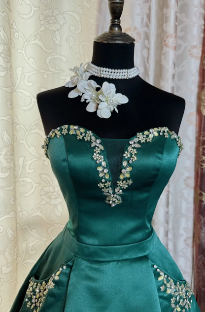 Sexy Sweetheart A-Line Long Prom Dresses Satin Green Party Dresses Sleeveless Evening Dresses  DP04469
