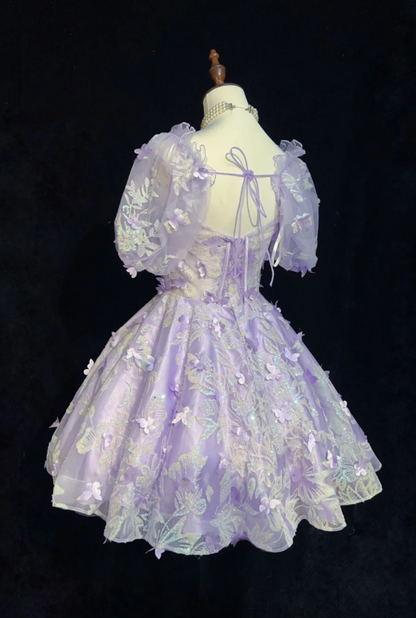 Cute Square Neck A-Line Short Prom Dresses Tulle Lilac Party Dresses Short Sleeves Evening Dresses   DP04471