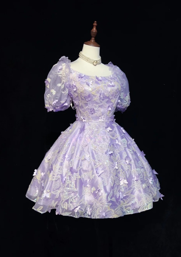 Cute Square Neck A-Line Short Prom Dresses Tulle Lilac Party Dresses Short Sleeves Evening Dresses   DP04471