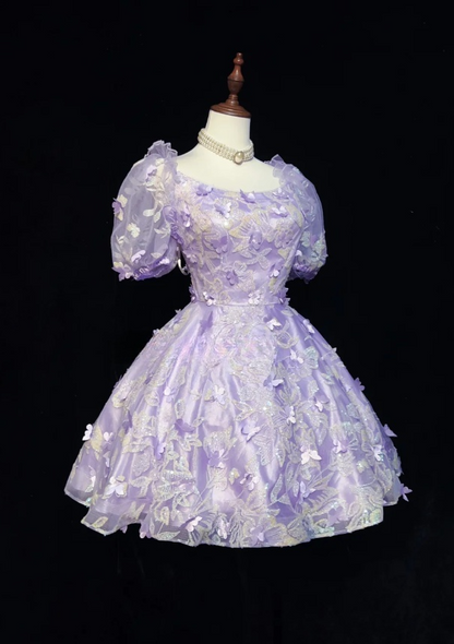 Cute Square Neck A-Line Short Prom Dresses Tulle Lilac Party Dresses Short Sleeves Evening Dresses   DP04471