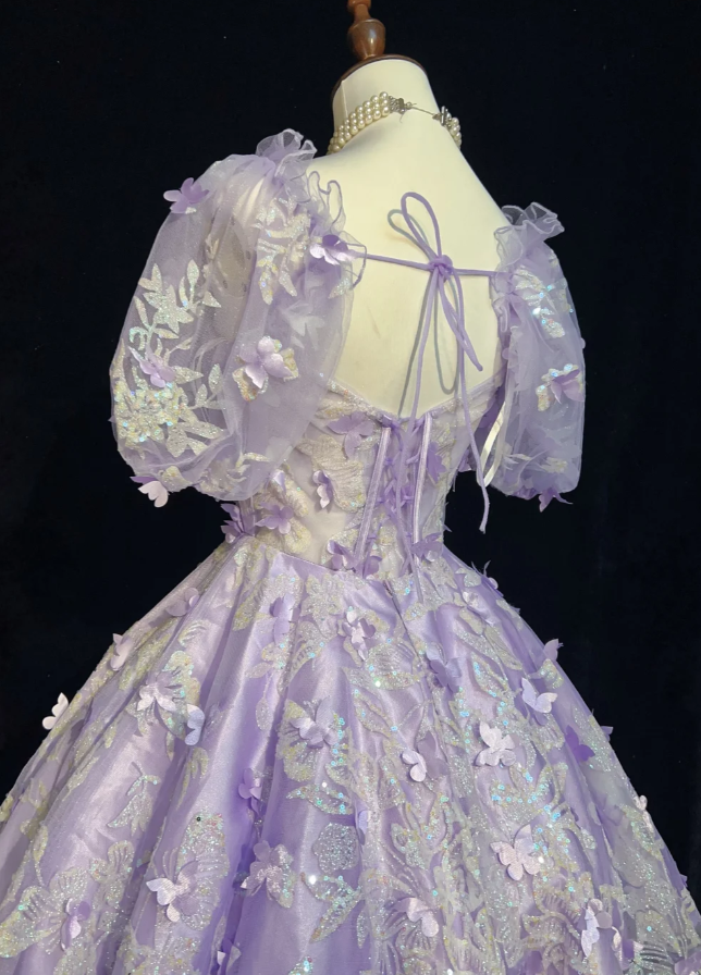 Cute Square Neck A-Line Short Prom Dresses Tulle Lilac Party Dresses Short Sleeves Evening Dresses   DP04471