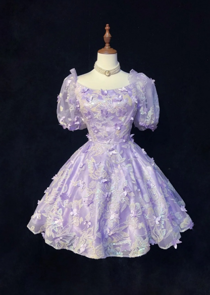 Cute Square Neck A-Line Short Prom Dresses Tulle Lilac Party Dresses Short Sleeves Evening Dresses   DP04471