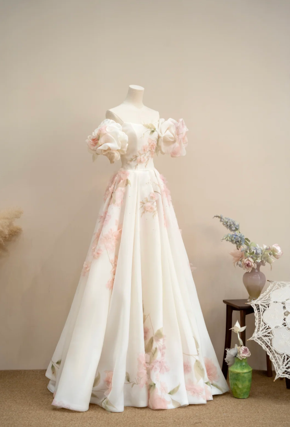 Elegant A-Line Floral Long Prom Dresses Cup Sleeves Evening Dresses Chiffon Birthday Dresses DP04475