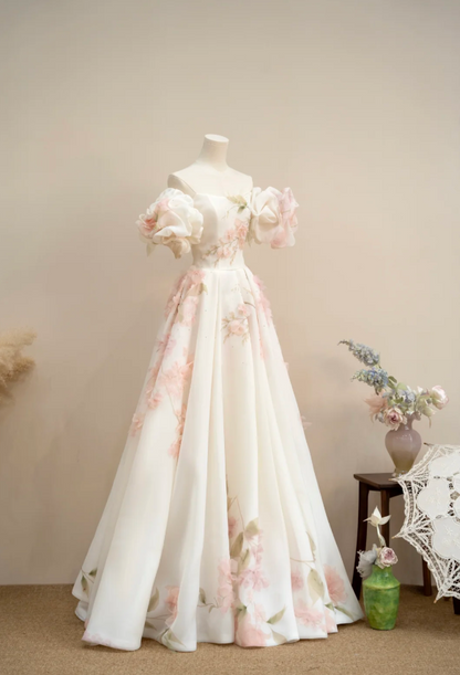 Elegant A-Line Floral Long Prom Dresses Cup Sleeves Evening Dresses Chiffon Birthday Dresses DP04475