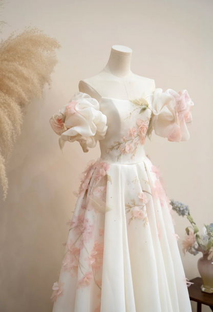 Elegant A-Line Floral Long Prom Dresses Cup Sleeves Evening Dresses Chiffon Birthday Dresses DP04475