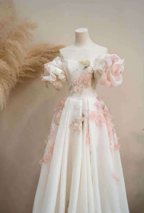 Elegant A-Line Floral Long Prom Dresses Cup Sleeves Evening Dresses Chiffon Birthday Dresses DP04475