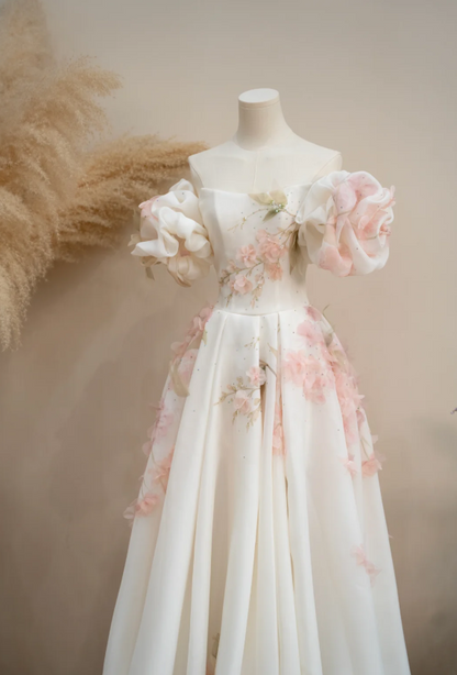 Elegant A-Line Floral Long Prom Dresses Cup Sleeves Evening Dresses Chiffon Birthday Dresses DP04475