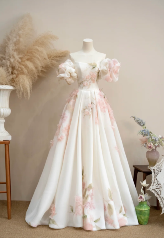 Elegant A-Line Floral Long Prom Dresses Cup Sleeves Evening Dresses Chiffon Birthday Dresses DP04475