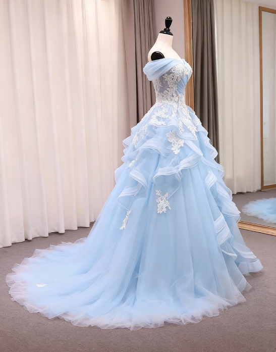 Fairy Blue A-Line Long Prom Dresses Applique Tulle Quinceanera Dresses Sweet 16 Dresses DP04480