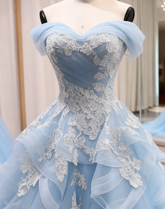 Fairy Blue A-Line Long Prom Dresses Applique Tulle Quinceanera Dresses Sweet 16 Dresses DP04480