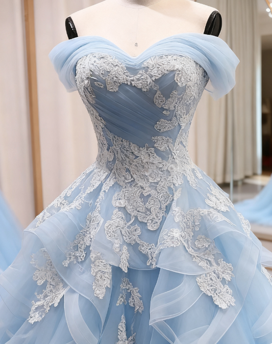 Fairy Blue A-Line Long Prom Dresses Applique Tulle Quinceanera Dresses Sweet 16 Dresses DP04480