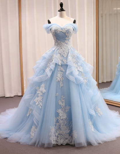 Fairy Blue A-Line Long Prom Dresses Applique Tulle Quinceanera Dresses Sweet 16 Dresses DP04480