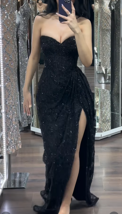 Fashion Black Sheath Long Prom Dresses Lace Beaded Sweeetheart Christmas Dresses Sleeveless Evening Dresses With Slits DP04483