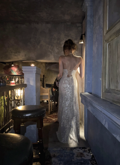 Fashion Champagne Sheath Long Prom Dresses Sequins Spaghetti Straps Christmas Dresses Sleeveless Evening Dresses with Slits DP04486