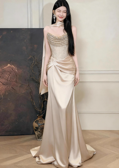 Fashion Gold Sheath Long Prom Dresses Satin Strapless Christmas Dresses Sleeveless Evening Dresses DP04487