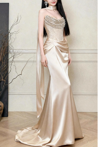 Fashion Gold Sheath Long Prom Dresses Satin Strapless Christmas Dresses Sleeveless Evening Dresses DP04487