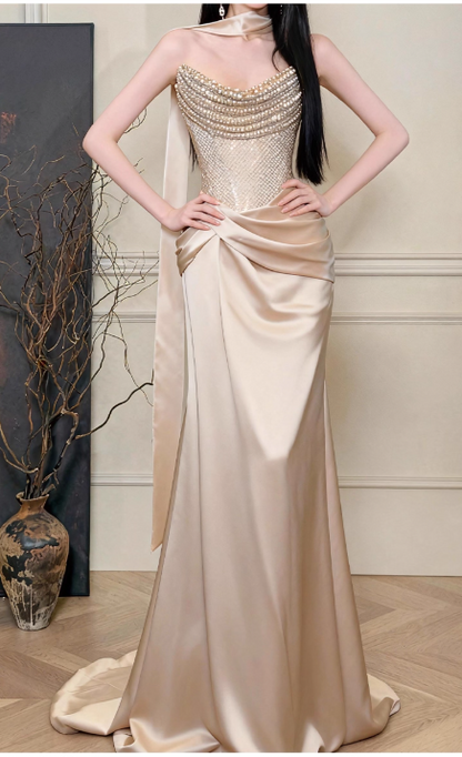 Fashion Gold Sheath Long Prom Dresses Satin Strapless Christmas Dresses Sleeveless Evening Dresses DP04487