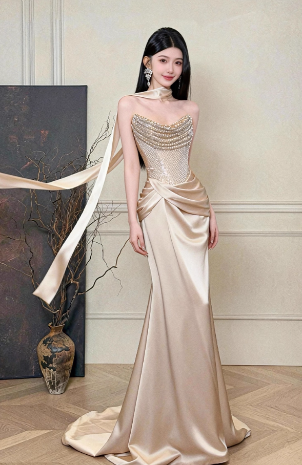 Fashion Gold Sheath Long Prom Dresses Satin Strapless Christmas Dresses Sleeveless Evening Dresses DP04487