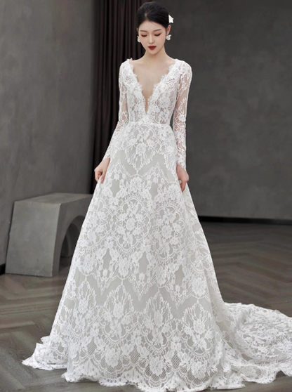 Simple A-Line Long Wedding Dresses Lace V-neck White Bridal Dresses Appliques Long Sleeves Bridal Gowns DP04493