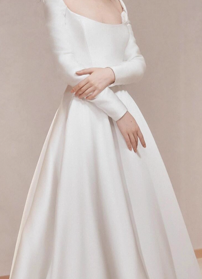Simple A-Line Long Wedding Dresses Satin White Bridal Dresses Long Sleeves Bridal Gowns DP04494