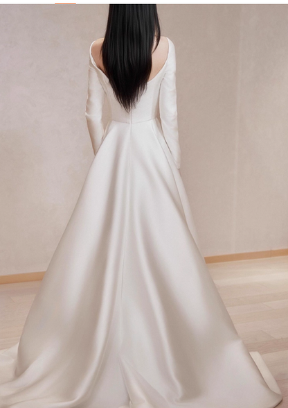 Simple A-Line Long Wedding Dresses Satin White Bridal Dresses Long Sleeves Bridal Gowns DP04494