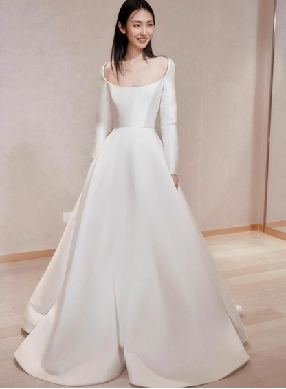 Simple A-Line Long Wedding Dresses Satin White Bridal Dresses Long Sleeves Bridal Gowns DP04494