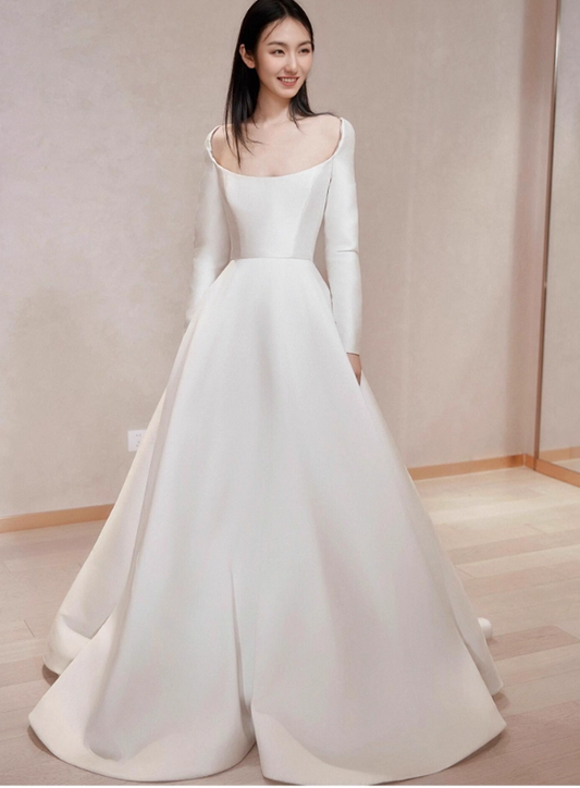 Simple A-Line Long Wedding Dresses Satin White Bridal Dresses Long Sleeves Bridal Gowns DP04494