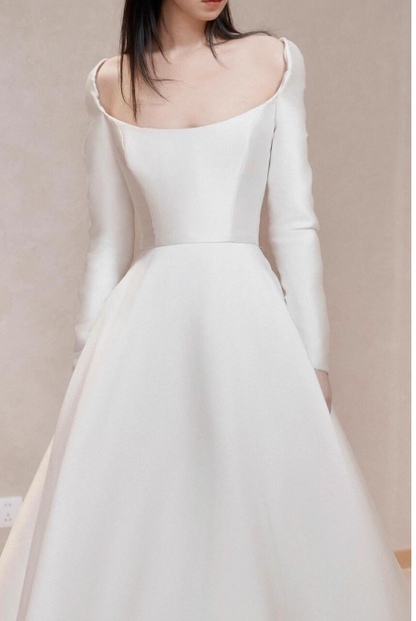 Simple A-Line Long Wedding Dresses Satin White Bridal Dresses Long Sleeves Bridal Gowns DP04494