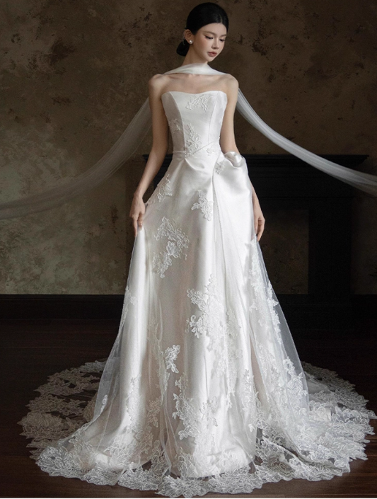 Timeless Strapless Sheath Long Wedding Dresses Lace  White Bridal Dresses Sleeveless Bridal Gowns DP04495