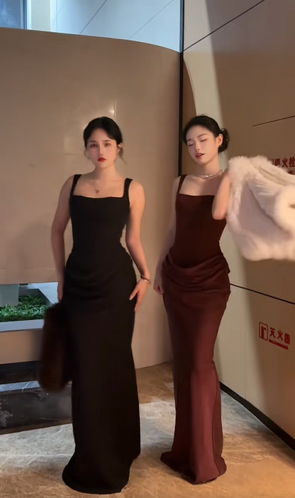 Elegant Spaghetti Straps Sheath Long Prom Dresses Satin Burgundy Evening Dresses DP04501