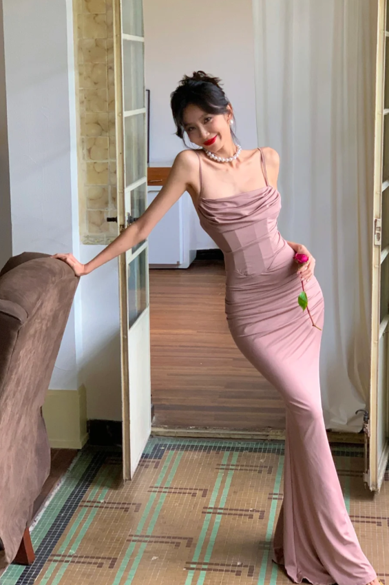 Elegant Spaghetti Straps Sheath Long Prom Dresses Chiffon Dusty Pink Evening Dresses DP04504