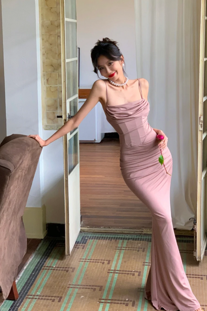 Elegant Spaghetti Straps Sheath Long Prom Dresses Chiffon Dusty Pink Evening Dresses DP04504