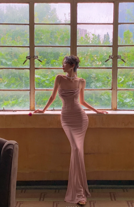 Elegant Spaghetti Straps Sheath Long Prom Dresses Chiffon Dusty Pink Evening Dresses DP04504