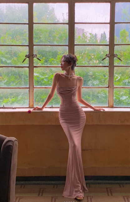 Elegant Spaghetti Straps Sheath Long Prom Dresses Chiffon Dusty Pink Evening Dresses DP04504