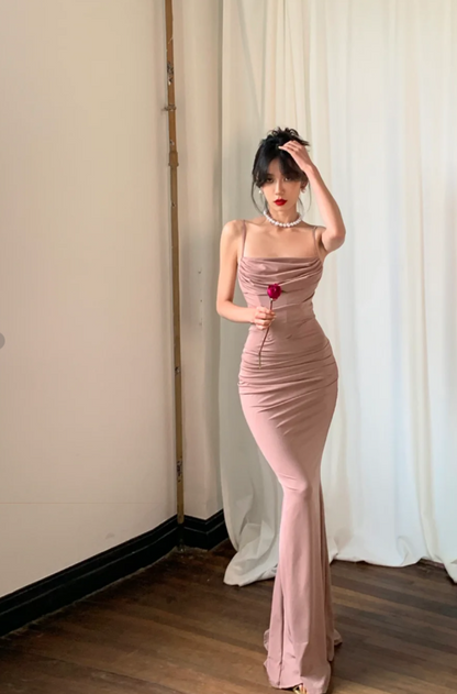 Elegant Spaghetti Straps Sheath Long Prom Dresses Chiffon Dusty Pink Evening Dresses DP04504