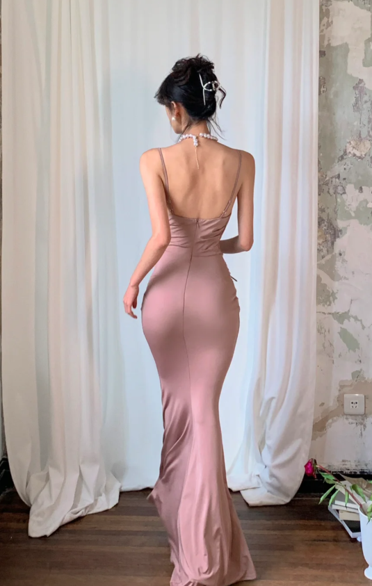 Elegant Spaghetti Straps Sheath Long Prom Dresses Chiffon Dusty Pink Evening Dresses DP04504
