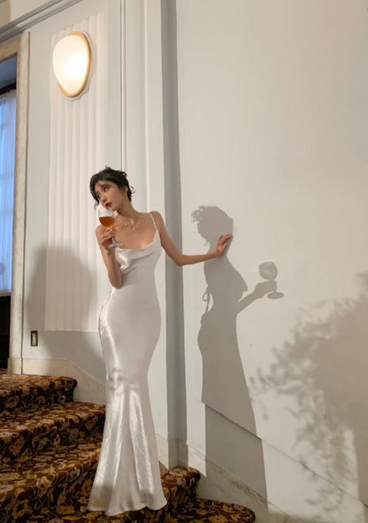 Elegant Spaghetti Straps Sheath Long Prom Dresses Satin White Evening Dresses DP04505