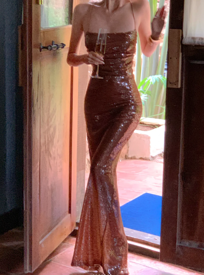 Elegant Halter Sheath Long Prom Dresses Sequins Sleeveless Evening Dresses DP04507