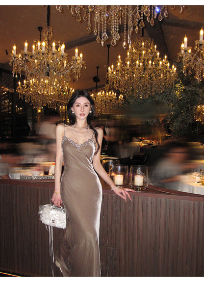 Sexy Sheath Brown Long Prom Dresses Velvet Spaghetti Straps Evening Dresses Sleeveless Birthday Dresses DP04512