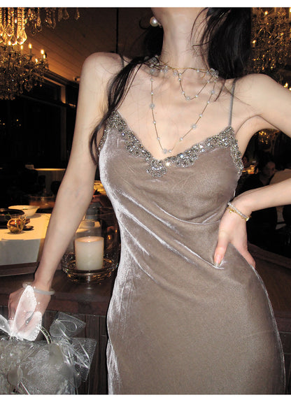 Sexy Sheath Brown Long Prom Dresses Velvet Spaghetti Straps Evening Dresses Sleeveless Birthday Dresses DP04512