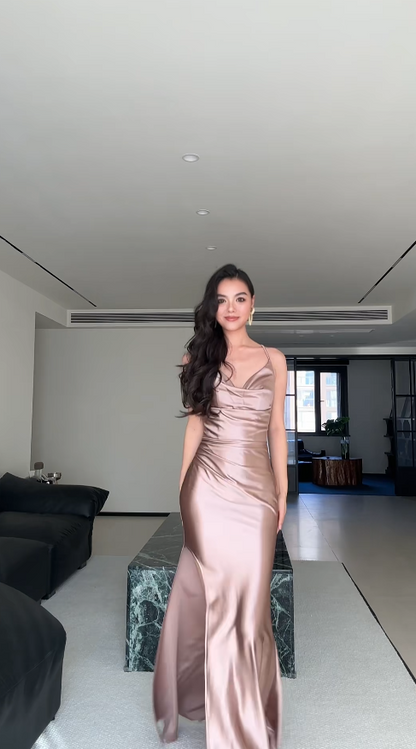 Sexy Sheath Champagne Long Prom Dress Satin Spaghetti Strap Evening Dress Sleeveless Birthday Dress DP04515