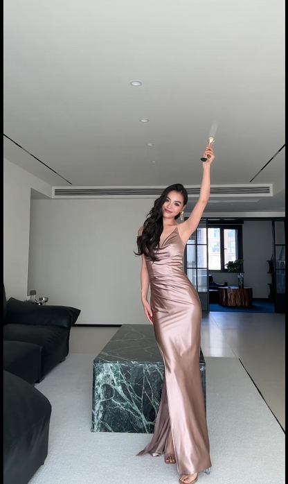 Sexy Sheath Champagne Long Prom Dress Satin Spaghetti Strap Evening Dress Sleeveless Birthday Dress DP04515