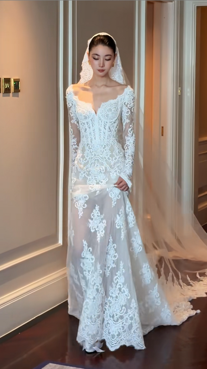 Timeless Sheath Long Wedding Dresses Tulle Applique White Bridal Dresses Backless Long Sleeves Bridal Gowns DP04516