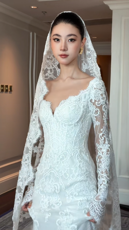 Timeless Sheath Long Wedding Dresses Tulle Applique White Bridal Dresses Backless Long Sleeves Bridal Gowns DP04516