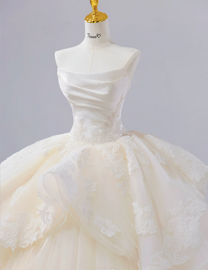 Timeless Ball Gown Tulle Long Wedding Dresses Applique Light Champagne Bridal Dresses Sleeveless Bridal Gowns DP04517