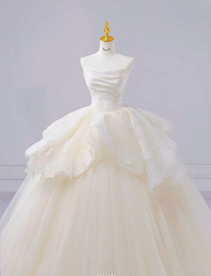 Timeless Ball Gown Tulle Long Wedding Dresses Applique Light Champagne Bridal Dresses Sleeveless Bridal Gowns DP04517
