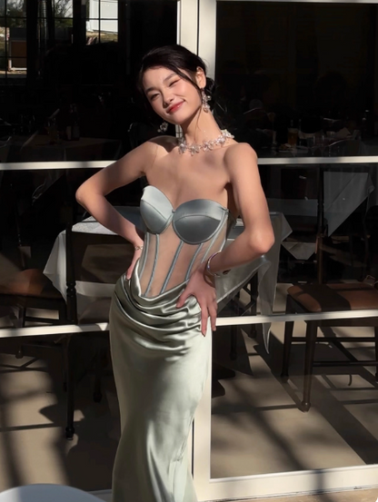 Chic Green Sheath Long Prom Dresses Satin Strapless Evening Dresses Sleeveless Birthday Dresses DP04531