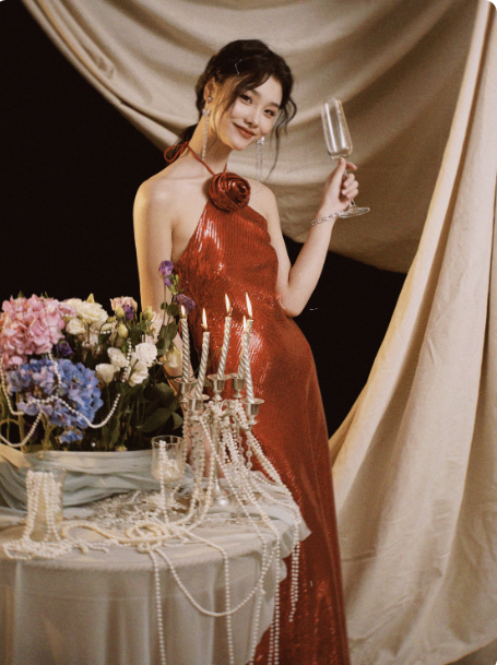 Chic Red Sheath Long Prom Dresses Sequins Halter Evening Dresses Sleeveless Birthday Dresses DP04532