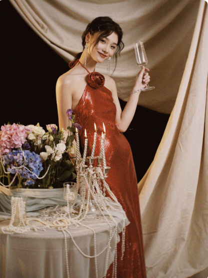 Chic Red Sheath Long Prom Dresses Sequins Halter Evening Dresses Sleeveless Birthday Dresses DP04532