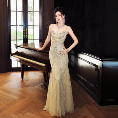 Chic Mermaid Long Prom Dresses Beaded Tulle Spaghetti Straps Evening Dresses Sleeveless Birthday Dresses DP04533